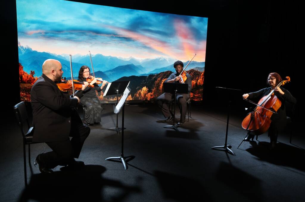 Steel City Strings Quartet (Kyle Little, Cecilia Bersee, Adrian Davis and Rita Woolhouse) filming a recital at CMG Studios, Wollongong in July. Picture: Robert Peet