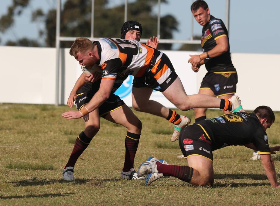 TOUGH STUFF: Helensburgh lock Kurt Atkinson on the charge in the Tigers win over Hills. Picture: Robert Peet