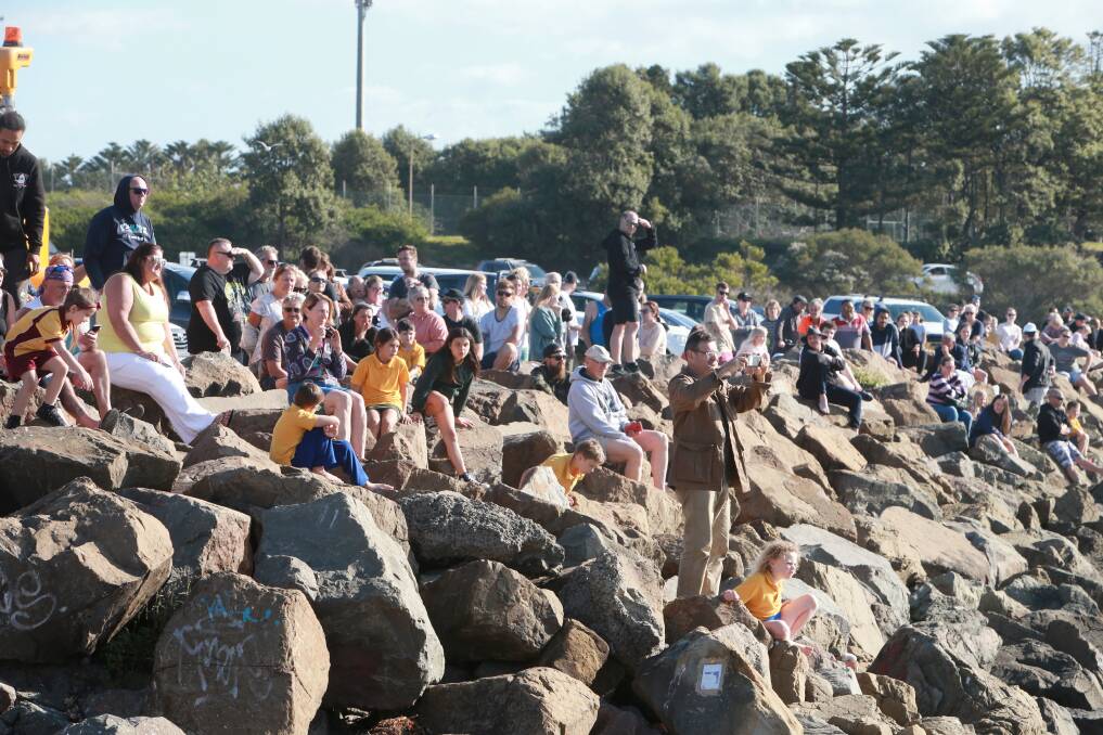 SCENE: As in Bulli, the whale and its sorry end drew a large crowd at Bellambi. Picture: Sylvia Liber.
