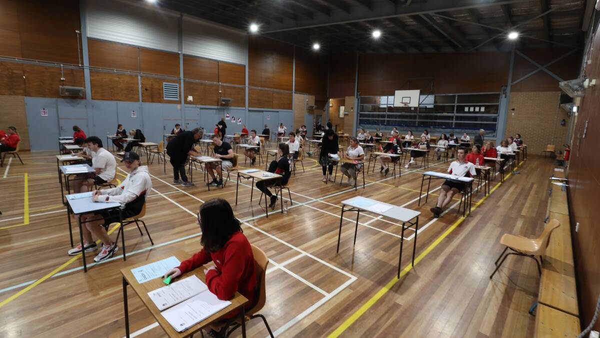 Albion Park High School HSC students at the completion of the English exam. The generic pic shows social distancing was observed during the exams. Picture: Robert Peet