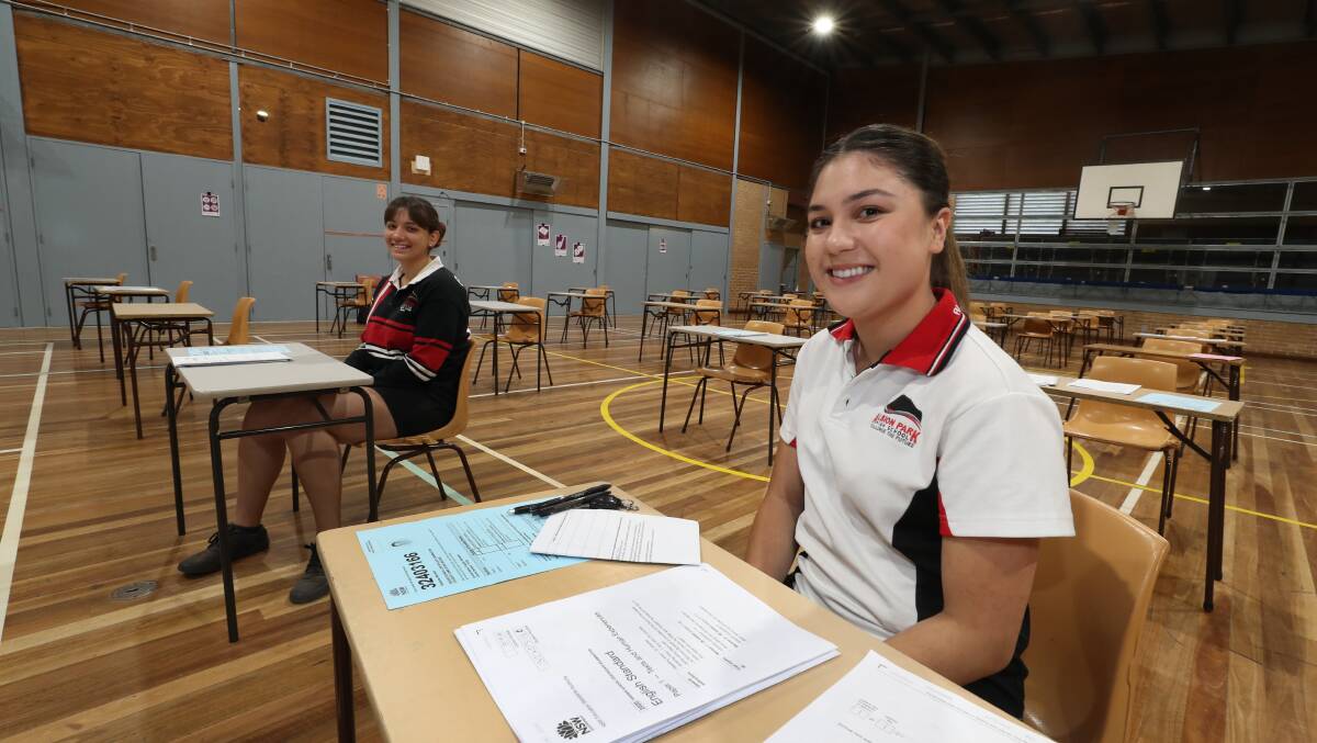 Albion Park High School students Hailee Pickering and Lorena Ramirez after their HSC English exam on Tuesday, October 20. Picture: Robert Peet