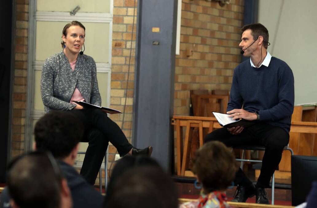 Victoria Vassallo and Craig Langstaff during a shared sermon at the Sunday morning service at Saint Mark's Anglican Church West Wollongong. Picture: Robert Peet