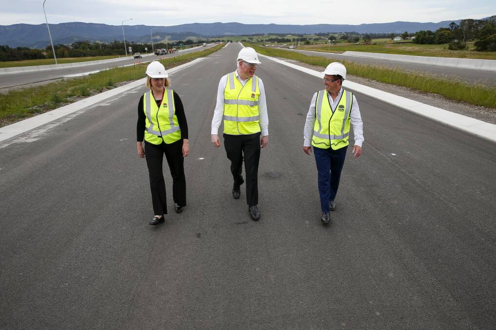 Transport for NSW regional director Sam Knight, Kiama MP Gareth Ward and Regional Transport and Roads Minister Paul Toole at the November 2020 announcement the Albion Park Rail bypass was ahead of schedule. Picture: Anna Warr