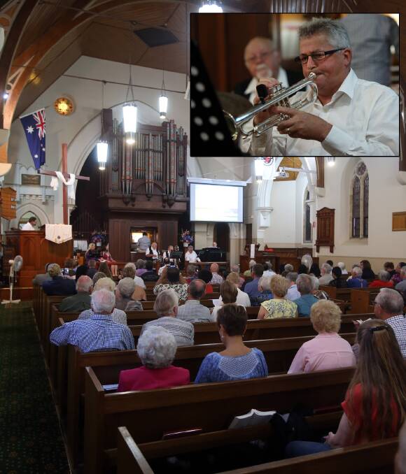 Easter help: More than 200 attend the Easter Jazz Service at Wesley Church on the Mall in Wollongong where musicians such as Neil Lendrum performed and helped put food on the table of people in need. Picture: Robert Peet

