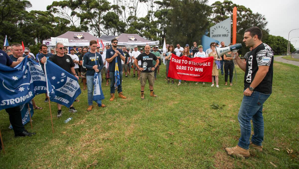 Gerasimos 'Maki' Danalis addressing a separate protest at the Port Kembla Coal Terminal in 2019. Picture: ADAM McLEAN.