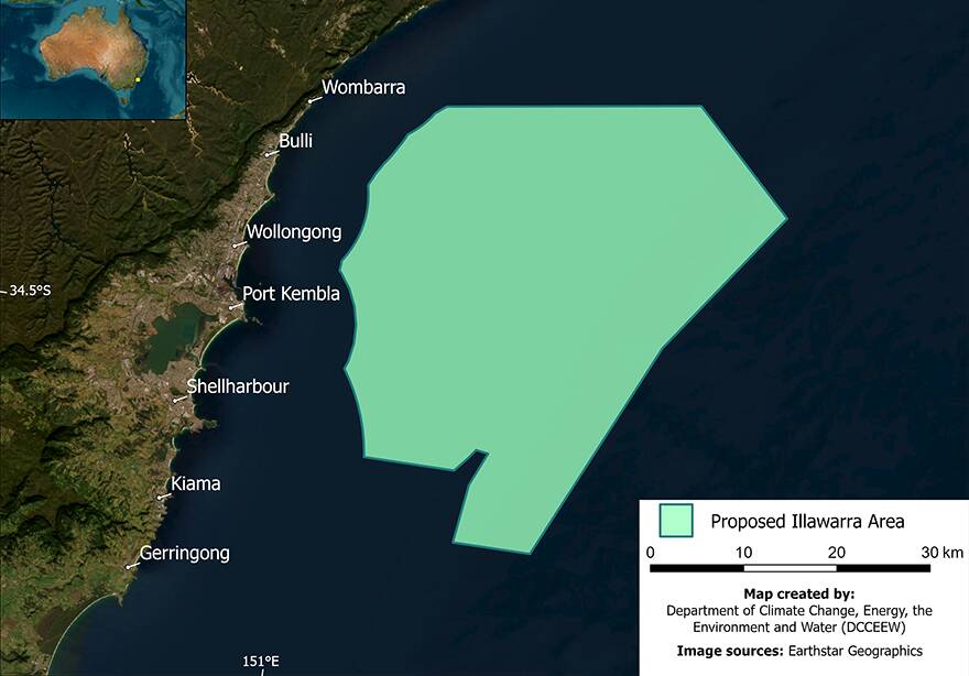 A map showing the proposed area for the wind farms, which stretches from Wombarra to Gerringong.