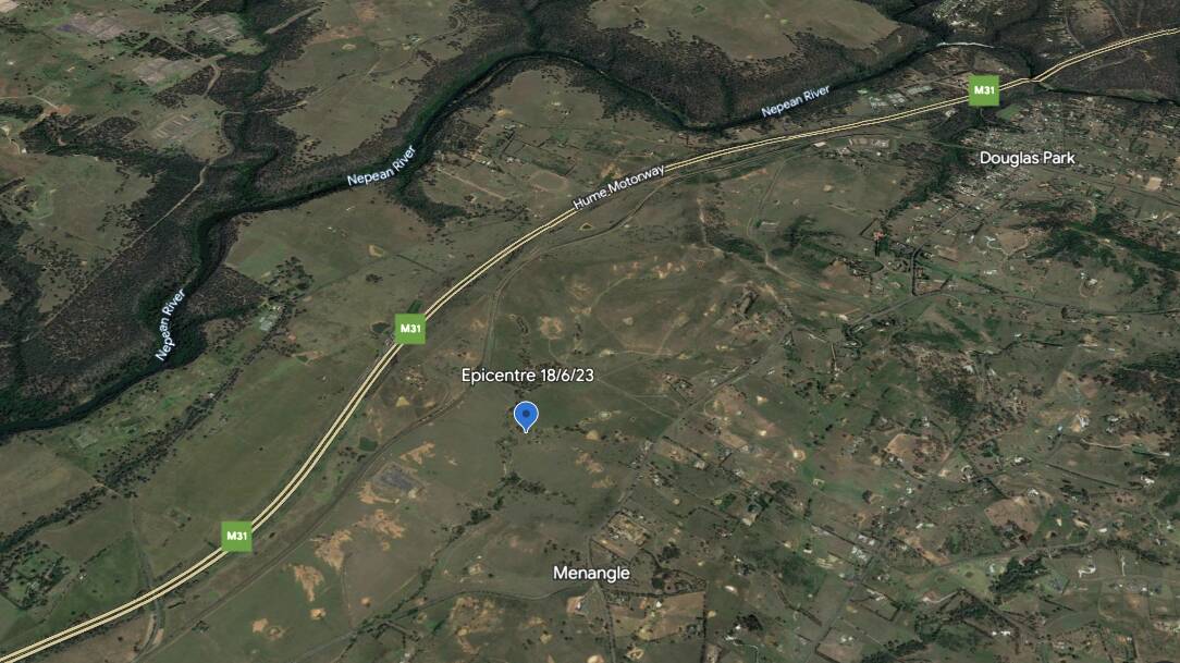 The largest recent quake west of Appin, magnitude 3.1, was centred between Douglas Park and Menangle, about 3km underground. Image: Google Earth.
