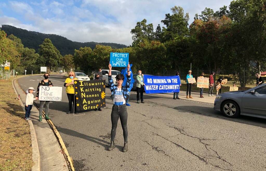 NO GO: Rada Germanos and members of the Protect Our Water Alliance protested at the entrance to the Russell Vale mine. Picture: DESIREE SAVAGE.