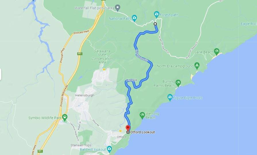 The road through the Royal National Park will be closed Tuesday to Thursday, 8am-3pm. Map: Google.