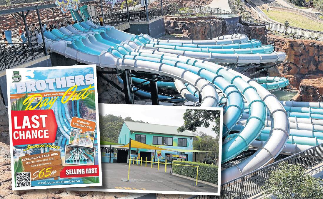 Main picture shows the Jamberoo water park's Octo Racer and Stinger rides. Insets: the Brothers Day Out flyer on Facebook, the park entrance closed on Tuesday.
