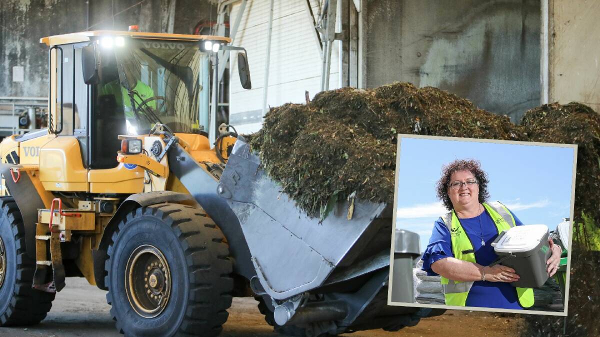 A front-end loader moving mulch at Soilco in Kembla Grange and [inset] Wollongong Cr Tania Brown helps launch the FOGO scheme in 2020. Pictures by Adam McLean.