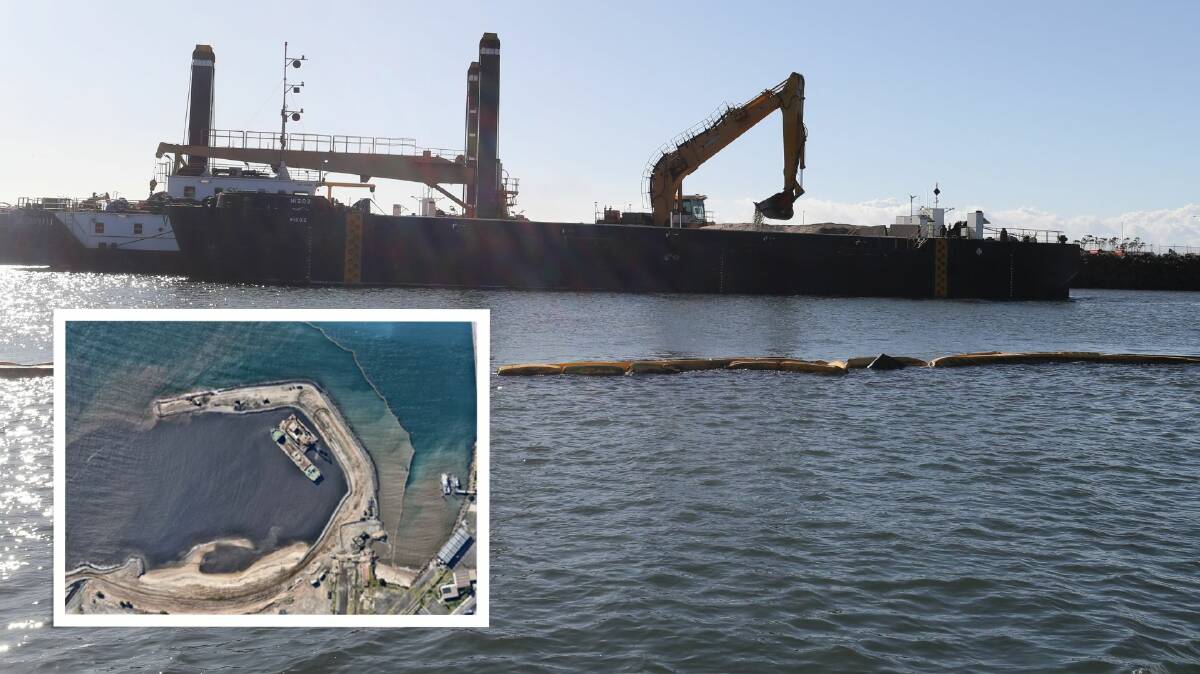 Dredging work for the Port Kembla Gas Terminal (main picture, Robert Peet) with aerial view (inset) of the plume (supplied, EPA).