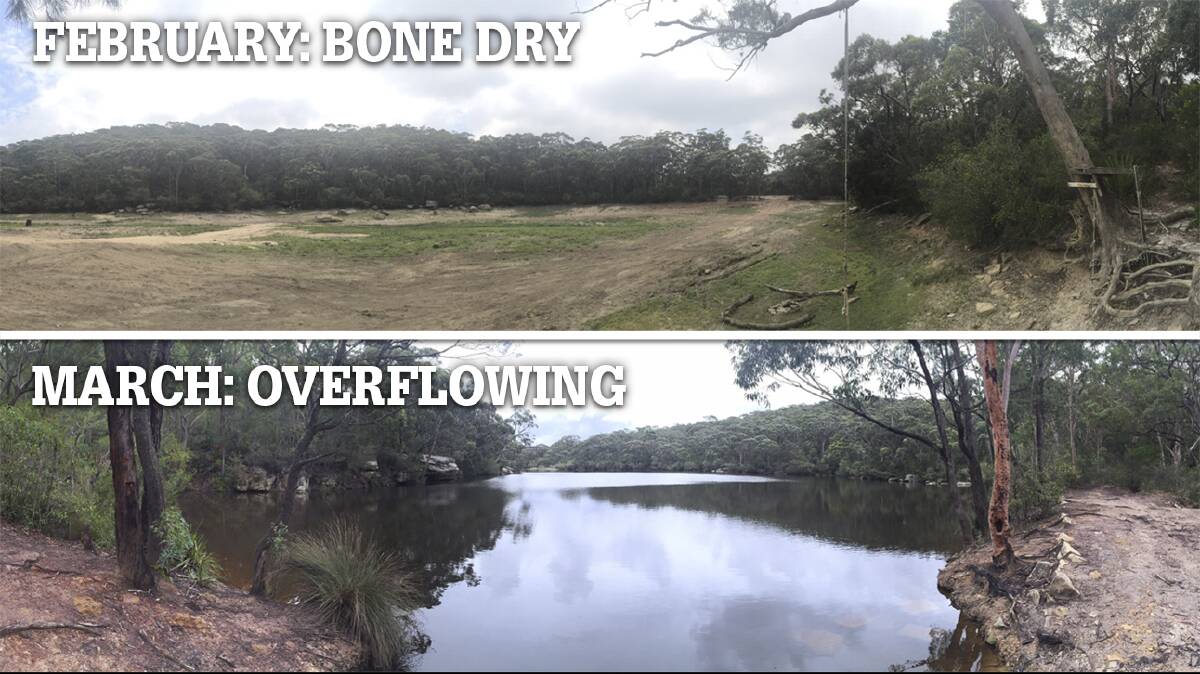 What a difference a few storms make: The Wilsons Creek Dam was a dustbowl in early February (top) and then was overflowing on Wednesday this week. Pictures: Ben Langford.