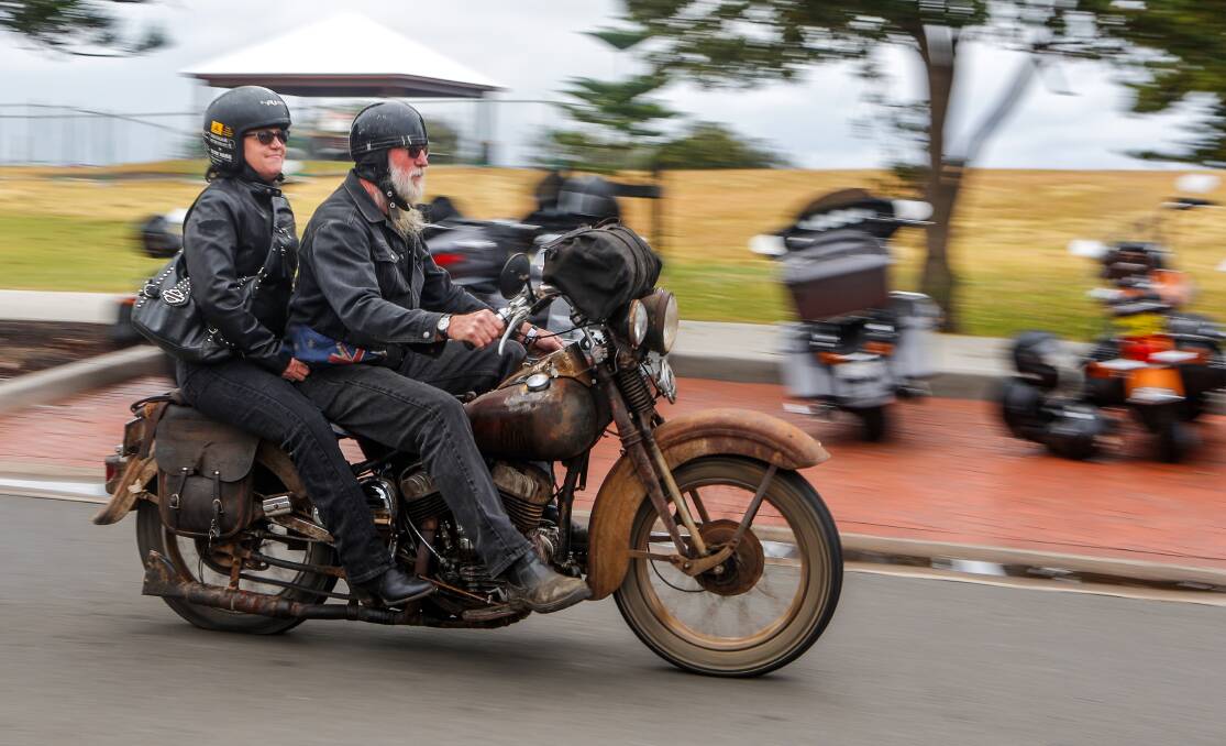 Old school ride: Betty and Ian MacArthur from Dubbo on their 1941 WL Harley-Davidson, probably the oldest bike at the rally. Pictures: Adam McLeam