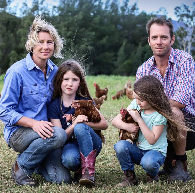 Kangaroo Valley Pastured Eggs farmers Kristen and Mark McLennan with daughters Matilda and Cami.