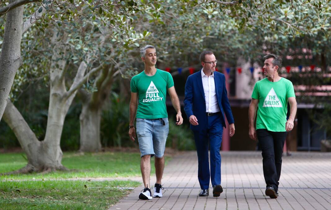SALARY CAP: Greens candidates for Wollongong Benjamin Arcioni (left) and Shellharbour Jamie Dixon (right), with MLC David Shoebridge. Picture: ADAM McLEAN. 