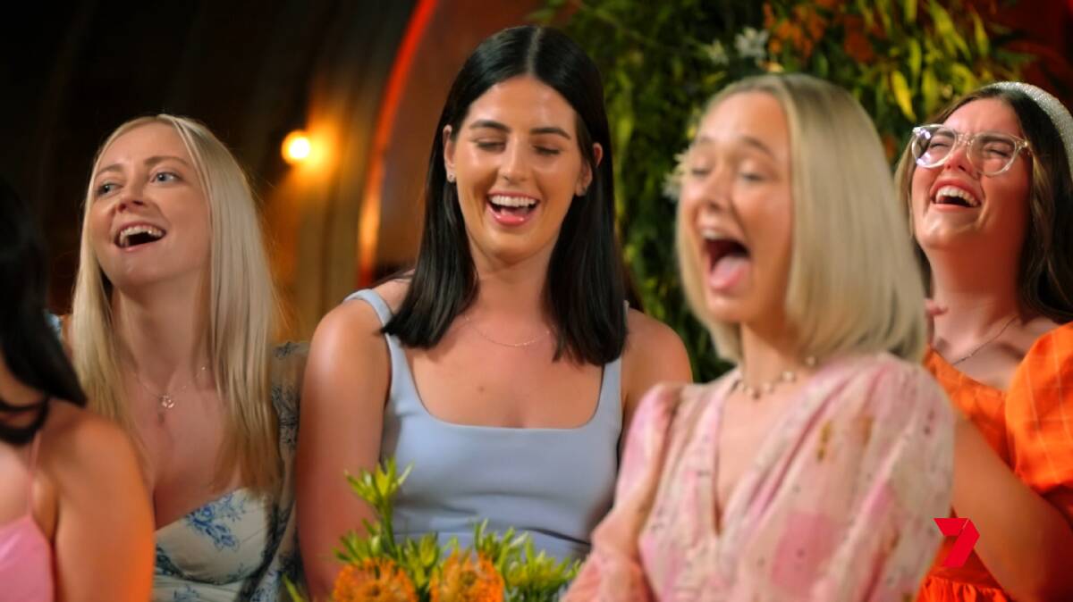 The contestants in a show of togetherness-laughing that must be from an early episode. Picture: Seven Network.