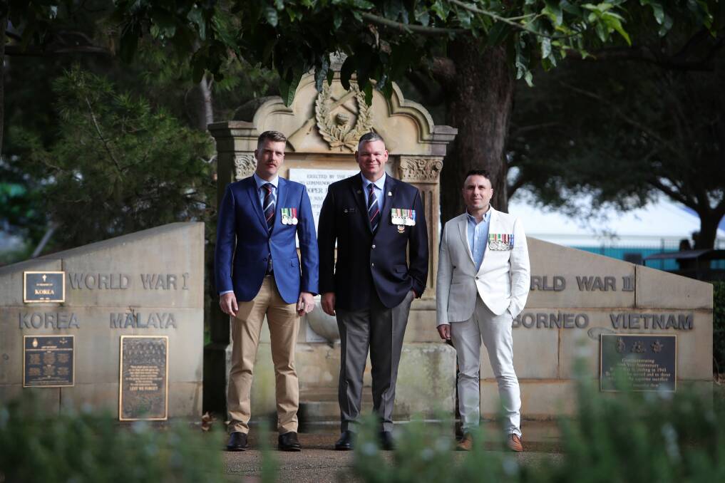 Ben Golding, Josh Neden and Robert Talevski at the Cenotaph in Wollongong. Picture: Sylvia Liber.