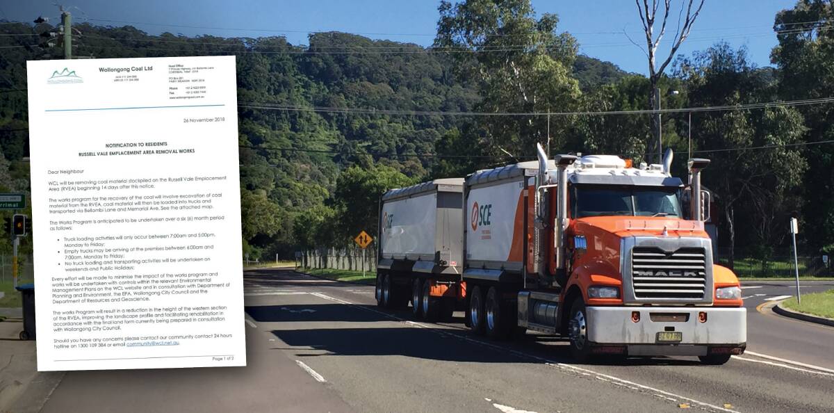 Time to go: Wollongong Coal has sent residents a letter (inset) informing them when the stockpile removal will start.