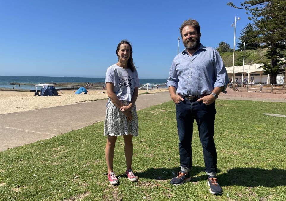 Kristen McDonald and Saul Griffith at Austinmer beach shortly after Matt Kean's announcement $8 million would be available for households to go electric. Picture by Ben Langford