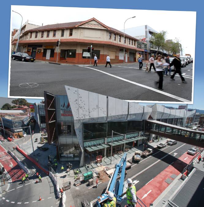 BEFORE AND AFTER: The corner of Crown and Keira streets pre-2011 (top) and the new shopping centre almost completed in 2014 (below).