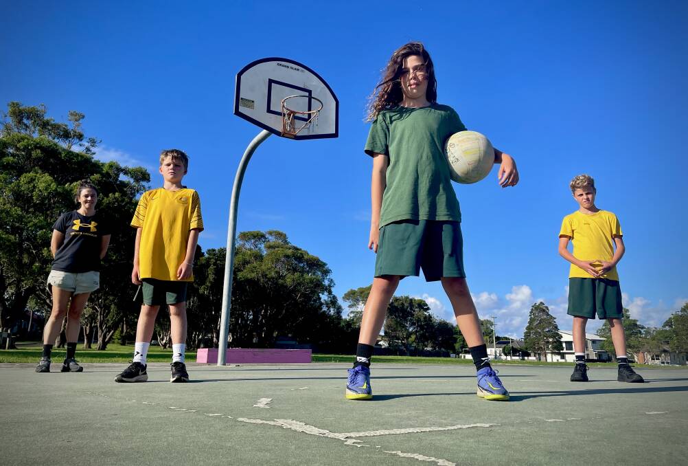 Jaclyn Richardson, Jack Grant, Wes Richardson and Levi Butcher at one of the few outdoor courts in Wollongong, in Woonona. Picture by BEN LANGFORD.