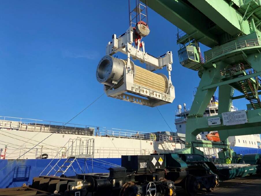 ON THE WAY: Reprocessed nuclear waste is loaded onto a ship in the UK, bound for Port Kembla and ultimately Lucas Heights. Picture: Nuclear Transport Solutions.
