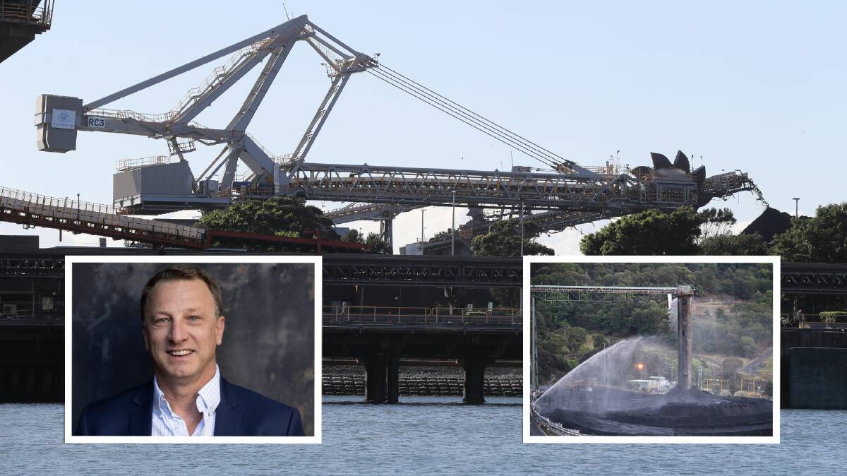 Matt Latimore (inset, left) and partners visited the Dendrobium mine (inset, right) and the Port Kembla Coal Terminal (main picture, Robert Peet).
