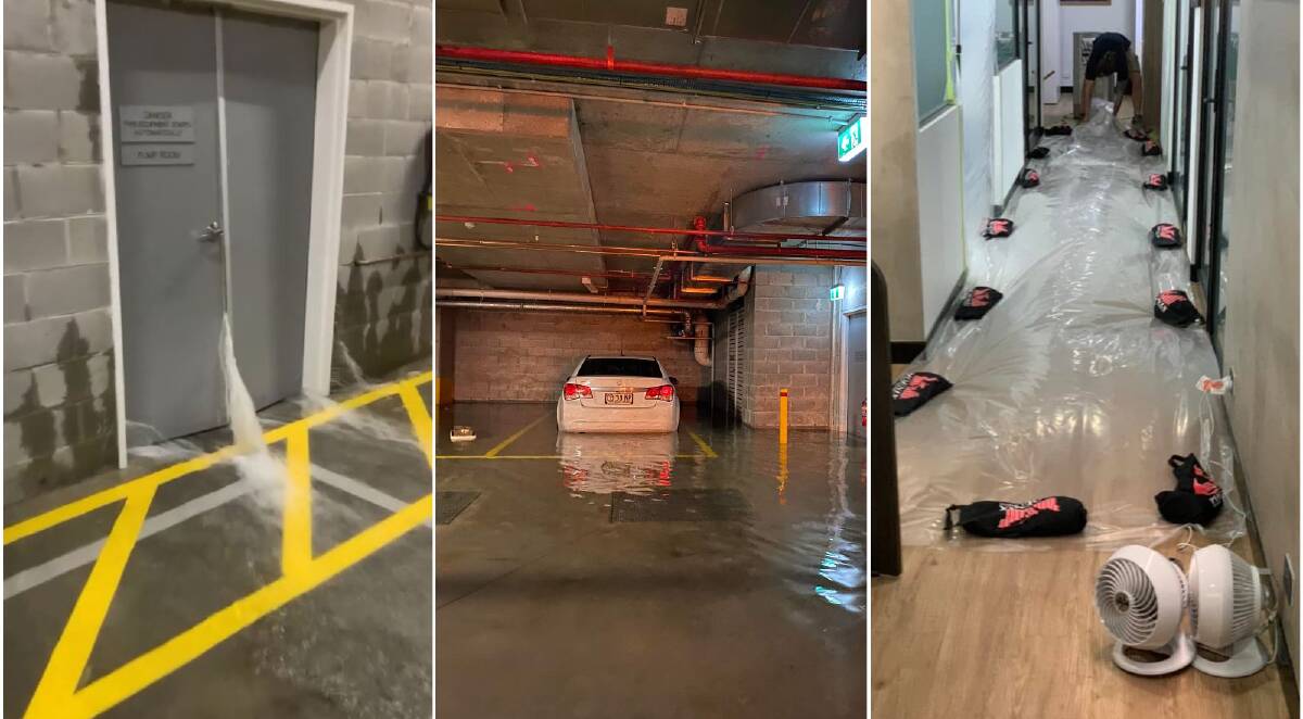 From left: The bulging pump room door, bad news for this flooded Holden Cruz, and the aftermath at the Lancaster offices. Pictures: Graham Lancaster/Facebook.