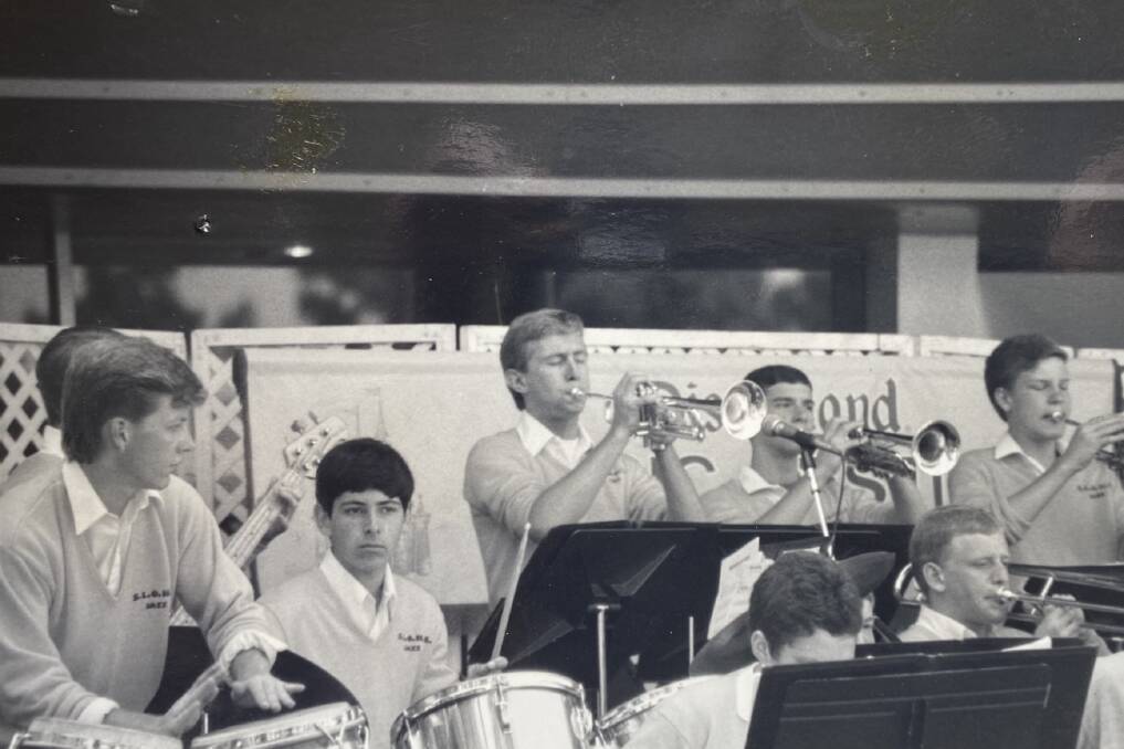 Eric Dunan on trumpet with the San Luis Obispo high high school jazz band in California, where he learned his craft.