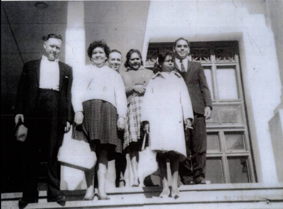 Pictured on the steps of Old Parliament House: Uncle' Fred Moore (left) with Aboriginal Advancement League founder Aunty Olga Booth, Jock Delaney, Aunty Elizabeth 'Dolly' Henry, Aunty Mary Davis, Uncle Robert 'Bobby' Davis. 