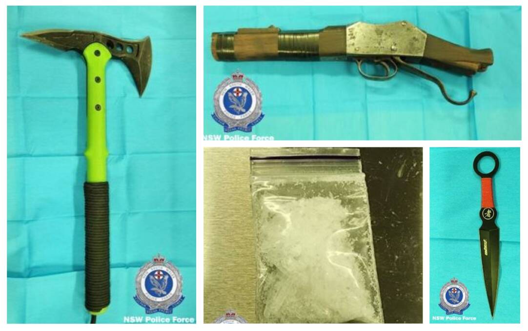 The stash included a tomahawk, sawn-off gun, knives and drugs. Picture supplied: NSW Police.