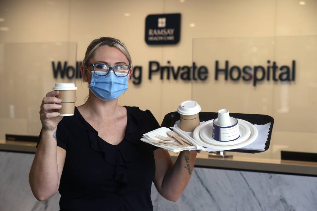 Wollongong Private Hospital services manager Shyanna Lucas with the new items that replaced the single use plastic items at the hospital. Picture: Robert Peet