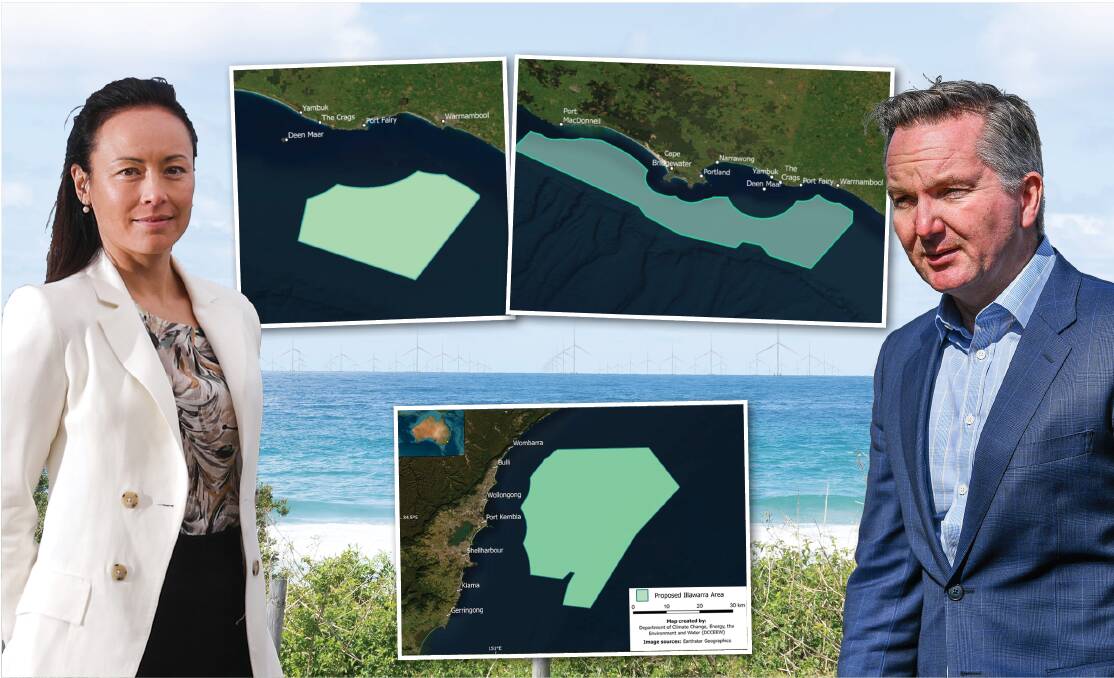 Oceanex COO Emily Scivetti (left) with maps (top left): The Southern Ocean offshore wind zone as put out for consultation, and (right) as declared by minister Chris Bowen (far right). Bottom map: the Illawarra zone as put out for consultation.