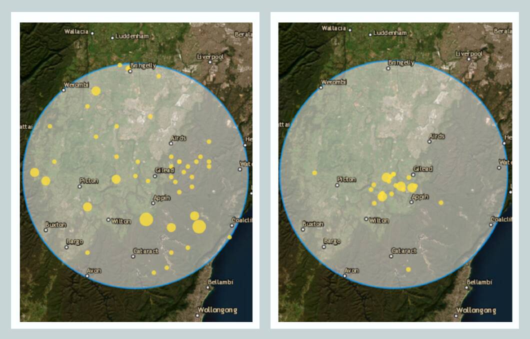 Left: Earthquakes 1960-2010 within 30km of the most recent Appin quake. Right: Earthquakes 2010-today within the same radius, concentrated to the immediate west of Appin. Images from Geoscience Australia website.