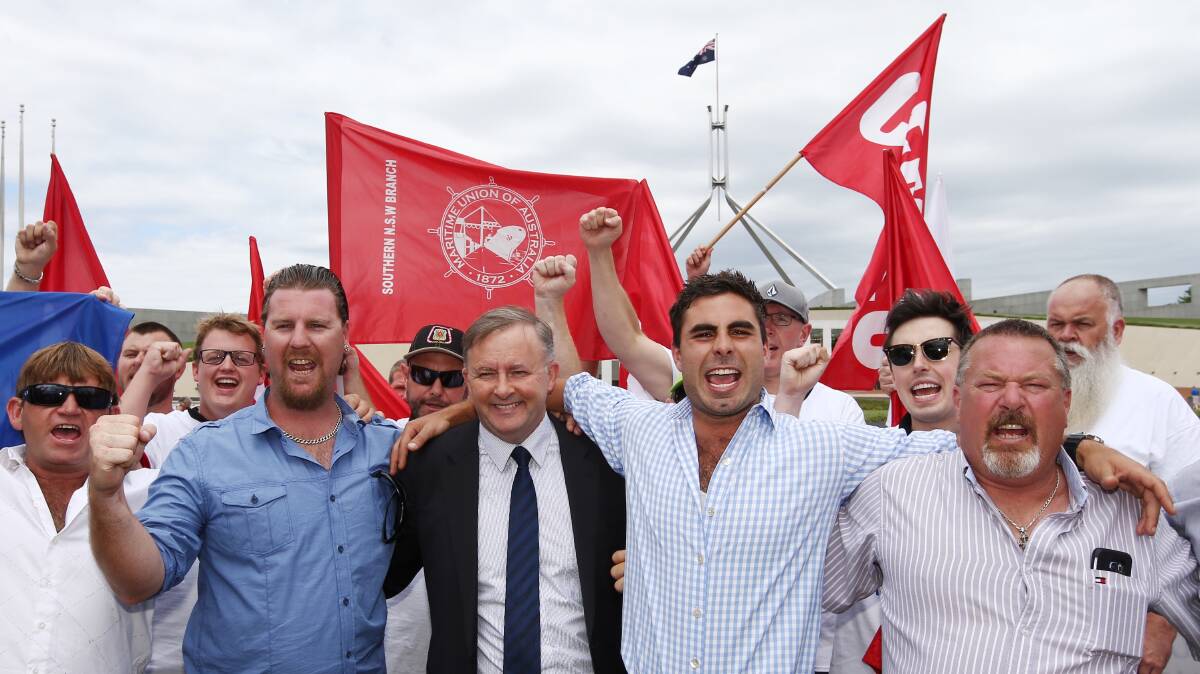 Job protests: Union members greeted by Anthony Albanese (centre) in Canberra on Wednesday. Picture: Andrew Meares