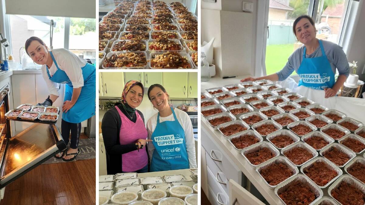 Heba Hassanin (left) pulling the Musakaa from the oven and (right) lining it up for completion. Top centre: The Eguptian national dish Koshari. Below, centre: Ms Hassanin with friend Dina Ghanem, who helped with the cooking.