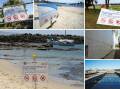 Clockwise from main picture: Sewage overflow warnings at Belmore Basin in January 2024, Wollongong Golf Club in August 2023, Dandaloo sports ground in 2020, Belmore Basin in March 2019, Kembla St in March 2014, and where it should be: the Sydney Water treatment plant at Coniston.