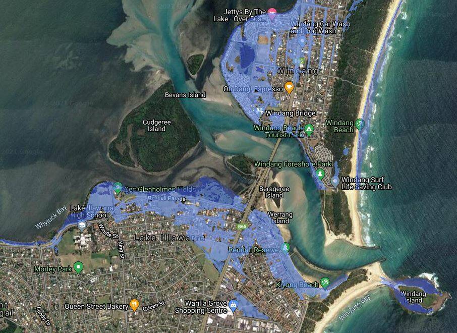 SOGGY: New mapping shows Windang and Lake Illawarra will be among the worst affected by rising sea levels.
