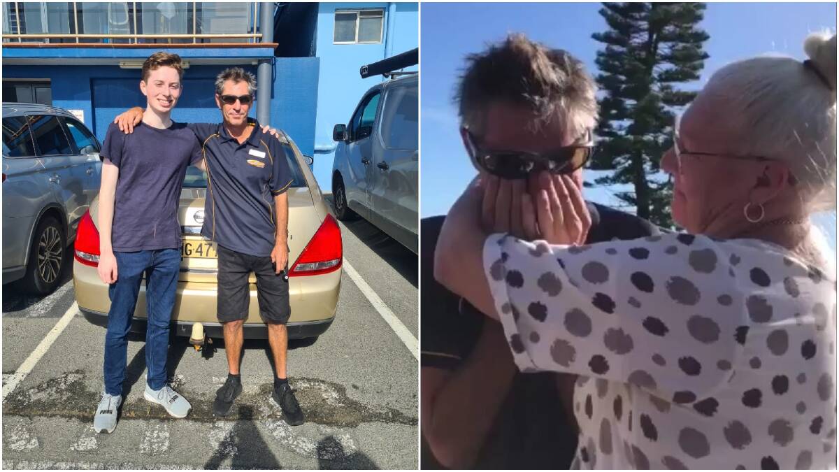 Harry Ledger with Dylan Simpson, to whom the 17-year-old donated his car; Dylan Simpson gets a hug after being surprised with the car. Pictures: Supplied