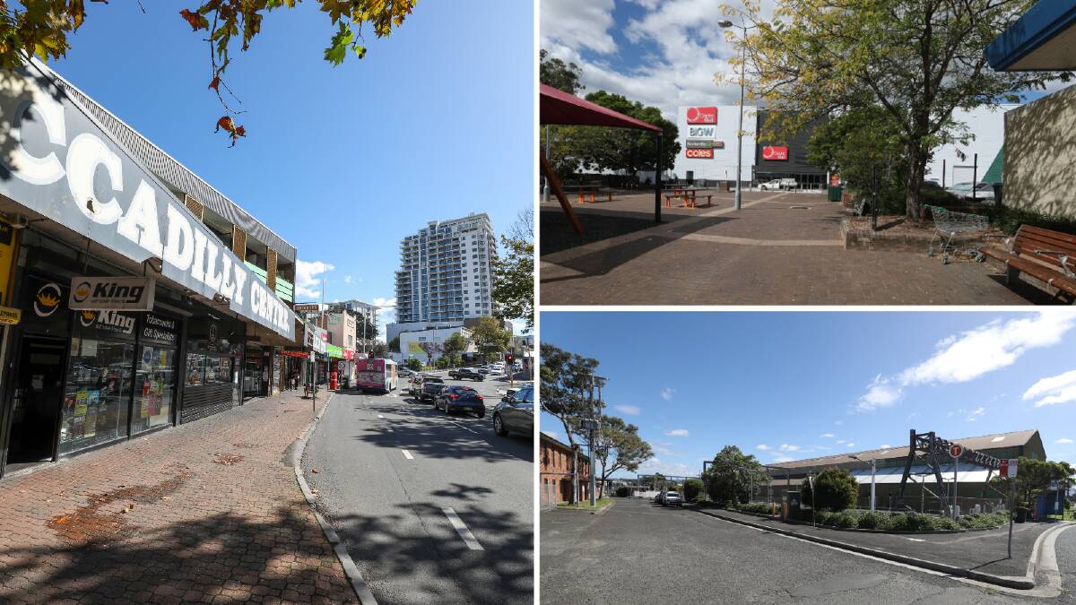 Clockwise from left, the Piccadilly Centre in Wollongong, the Dapto Mall forecourt, and Port Kembla Station. File pictures by Adam McLean, Robert Peet
