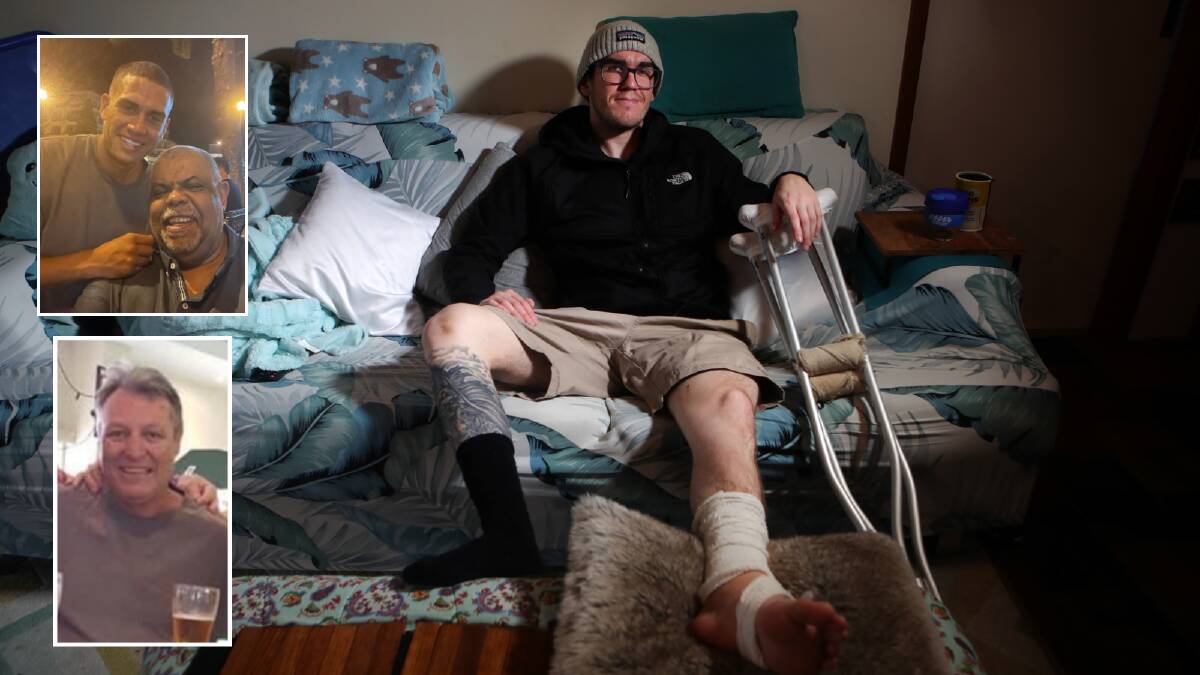 TJ Allman has thanked the strangers who came to his aid when he seriously injured himself, those good Samaritans being James and Jim Bell, top, and Gary Dominish. Pictures: Sylvia Liber; supplied