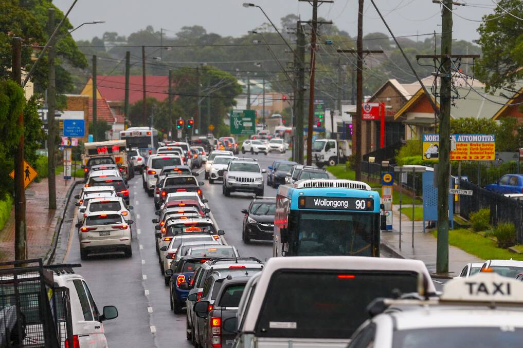Heavy traffic on the Princes Highway at Woonona on Tuesday after Mount Ousley Road was closed to northbound traffic. Picture: Wesley Lonergan