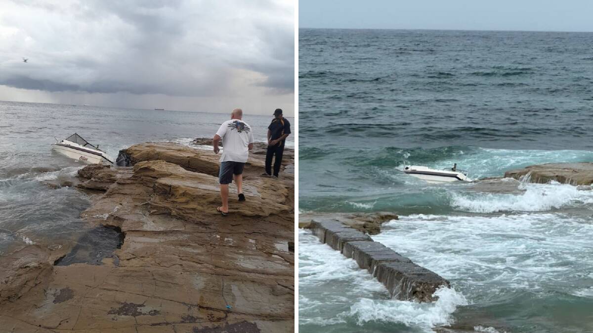 A stricken boat at Bellambi, understood to have gotten into trouble after a motor malfunction. Pictures from Ewan Butterworth and Surf Life Saving Illawarra.