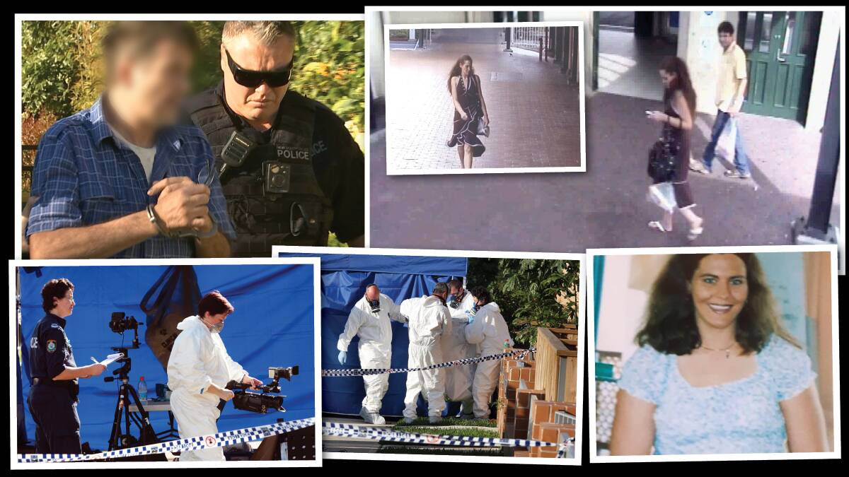 Clockwise from top left, police arrest David Bagster in October 2019; on March 9, 2011 CCTV captured some of the last images of Valmai Jane Birch, with her killer David Bagster; Ms Birch was described as "everyone's friends"; and police in Woonona after the discovery of her body in March 2011. 