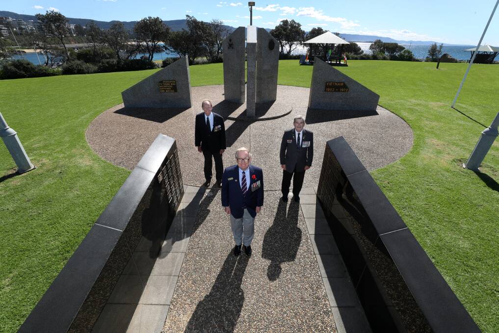 REMEMBRANCE: Vietnam War veterans David Bessell, Ian Birch and Ron Woods at the memorial at Flagstaff Hill. Picture: Robert Peet