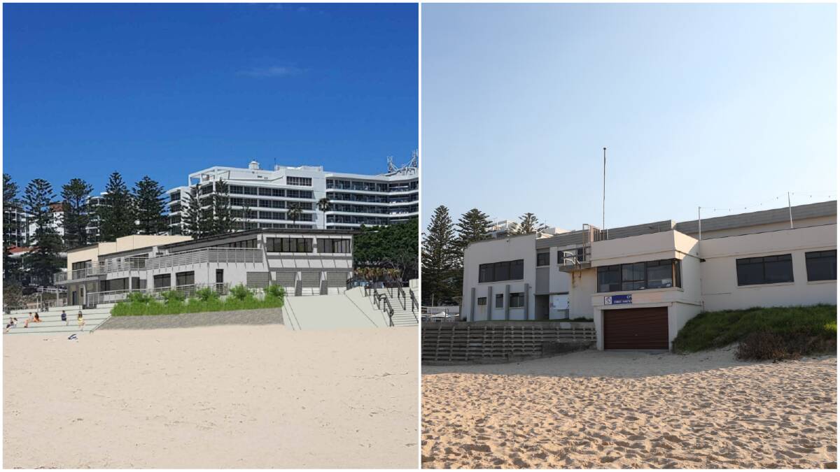 An artist impression of the completed surf club and seawall, and right, the surf club in April 2021 before the redevelopment got under way.