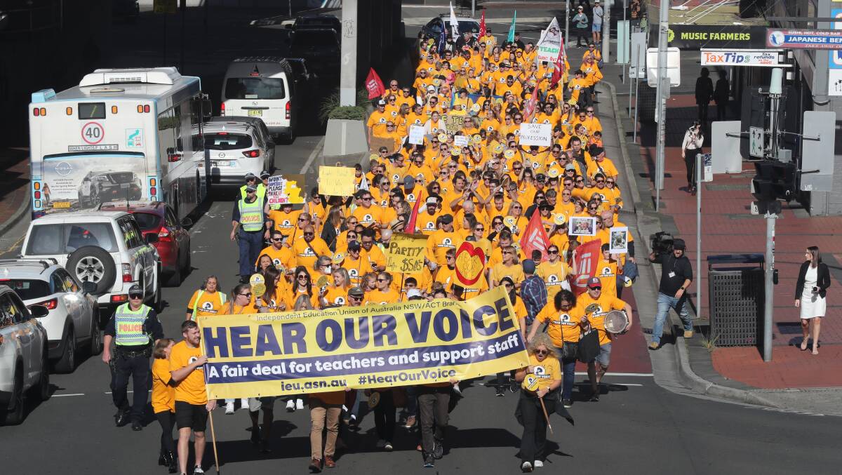 Teachers employed by Catholic Education Diocese of Wollongong march through the Wollongong CBD in May 2022. Picture by Robert Peet