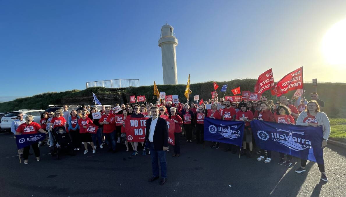 NSW Teachers Federation president Angelo Gavrielatos with local teachers in Wollongong. Picture: Natalie Croxon