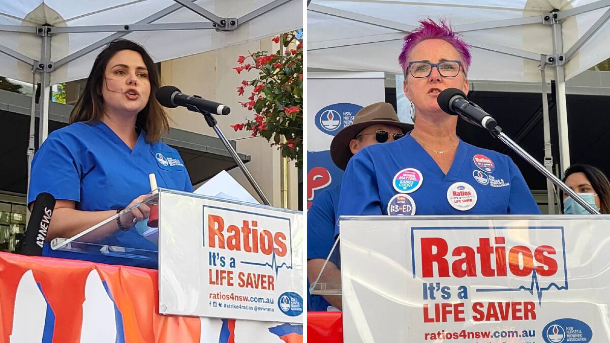 NSW Nurses and Midwives' Association general secretary and Woonona resident Shaye Candish, and Wollongong Hospital ICU nurse Bianca Vergouw speak at the rally. Pictures from the NSWNMA.